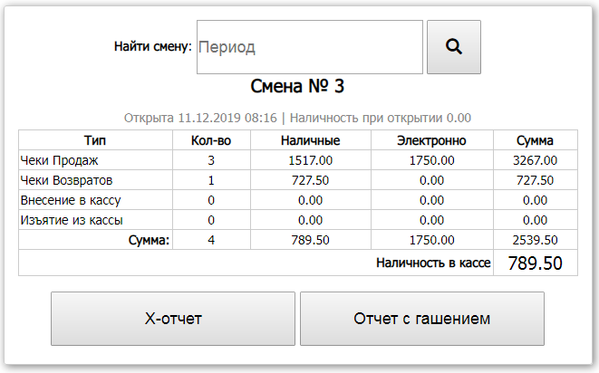Раздел смены и отчеты при открытой смене