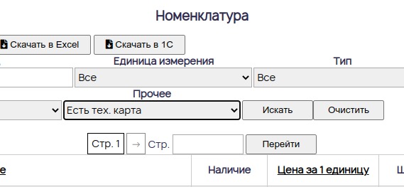 Фильтр по технологической карте